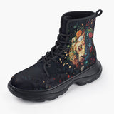 Casual Leather Chunky Boots Half Lion and Tiger Face Art