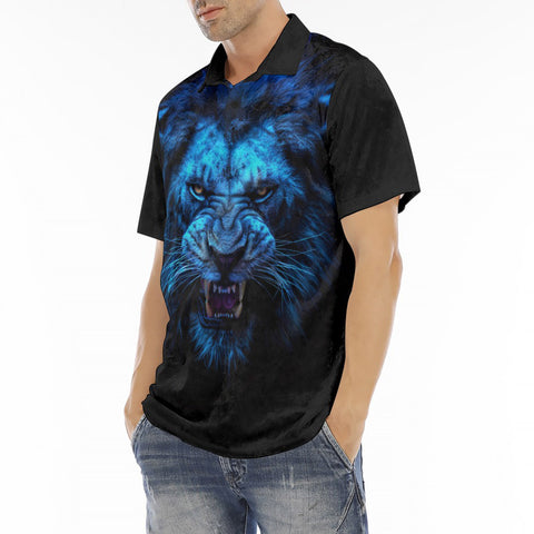 Men's Polo Shirt Glowing Blue Lion Head