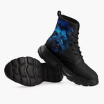 Casual Leather Chunky Boots Glowing Blue Lion Head