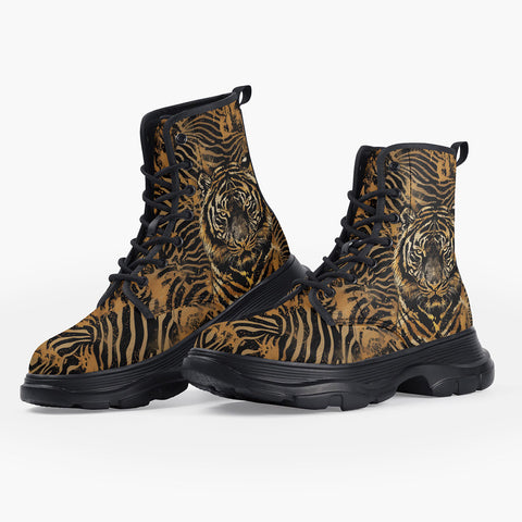 Casual Leather Chunky Boots Tiger Stripes Pattern