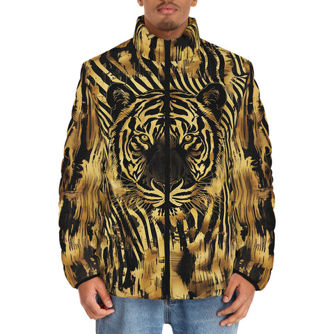 Down-Padded Puffer Jacket Gold Foil Tiger Pattern