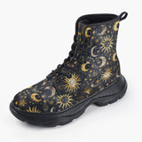 Casual Leather Chunky Boots Golden Suns and Moons