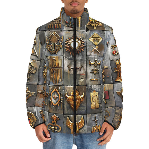 Down-Padded Puffer Jacket Bronze Futuristic Symbols and Emblems