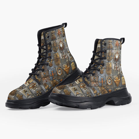 Casual Leather Chunky Boots Bronze Futuristic Symbols and Emblems
