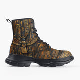 Casual Leather Chunky Boots Wooden Egyptian Hieroglyphs