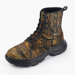 Casual Leather Chunky Boots Wooden Egyptian Hieroglyphs