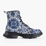 Casual Leather Chunky Boots Blue Gzhel Painting