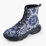 Casual Leather Chunky Boots Blue Gzhel Painting