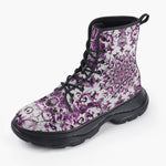 Casual Leather Chunky Boots Watercolor Purple Flowers Pattern