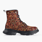 Casual Leather Chunky Boots Golden and Red Arabesque Pattern