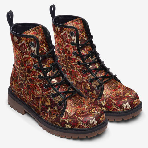 Leather Boots Golden and Red Arabesque Pattern