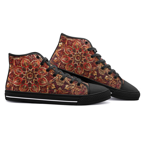 High-Top Canvas Shoes Golden and Red Arabesque Pattern