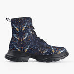 Casual Leather Chunky Boots Gothic Dark Blue Butterflies