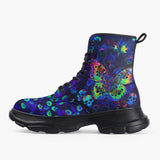 Casual Leather Chunky Boots Neon Butterfly and Skulls