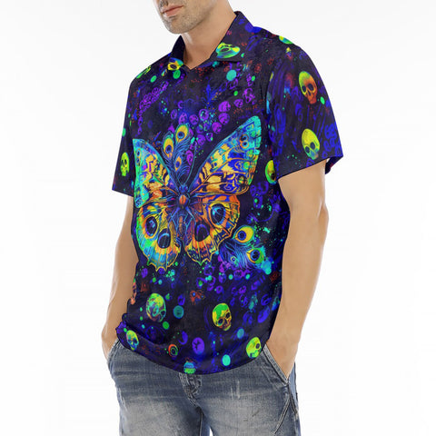 Men's Polo Shirt Neon Butterfly and Skulls