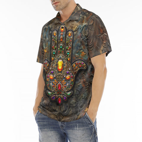 Men's Polo Shirt Hamsa Hand with Colorful Gems