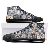 High-Top Canvas Shoes Blue and White Patchwork Tiles