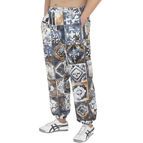 Men's Sweatpants Blue and White Patchwork Tiles