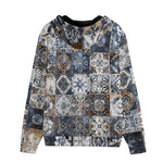 Men's Zip Up Hoodie Blue and White Patchwork Tiles