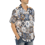 Hawaiian Shirt Blue and White Patchwork Tiles