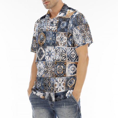 Men's Polo Shirt Blue and White Patchwork Tiles