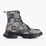 Casual Leather Chunky Boots Blue and White Patchwork Tiles
