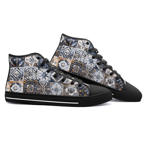 High-Top Canvas Shoes Blue and White Patchwork Tiles