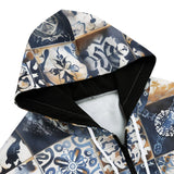 Men's Zip Up Hoodie Blue and White Patchwork Tiles