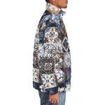 Down-Padded Puffer Jacket Blue and White Patchwork Tiles