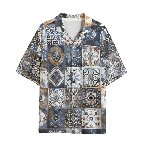 Hawaiian Shirt Blue and White Patchwork Tiles