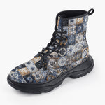 Casual Leather Chunky Boots Blue and White Patchwork Tiles