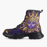 Casual Leather Chunky Boots Mystical Sun and Moon Design