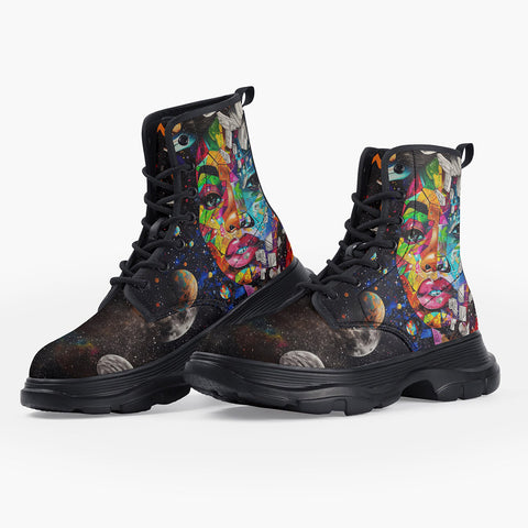 Casual Leather Chunky Boots Artistic Collage of Space Objects