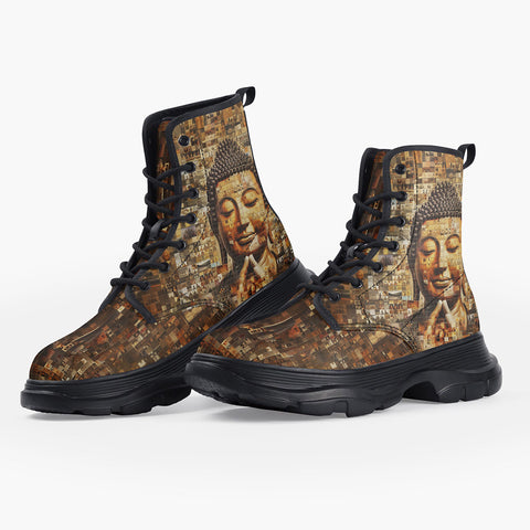 Casual Leather Chunky Boots Buddha Tiny Images Mosaic