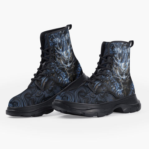 Casual Leather Chunky Boots Dark Blue Chinese Dragon