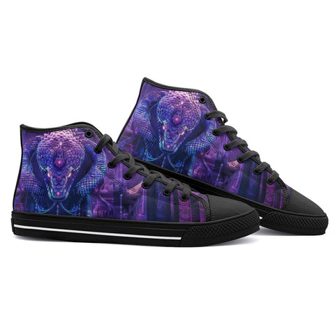 High-Top Canvas Shoes Mythical Neon Blue Cobra Artwork