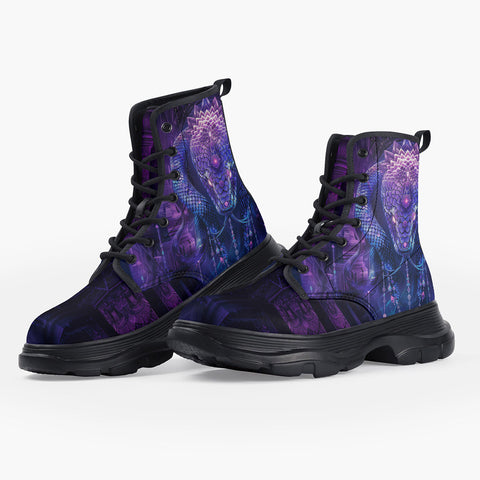 Casual Leather Chunky Boots Mythical Neon Blue Cobra Artwork