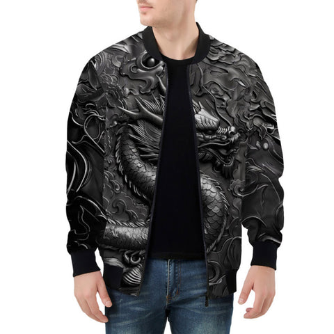 Bomber Jacket Black Metal Embossed Chinese Dragon