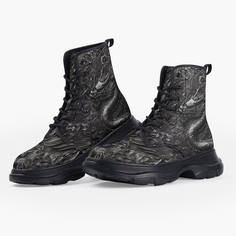 Casual Leather Chunky Boots Black Metal Embossed Chinese Dragon