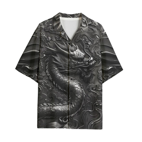 Hawaiian Shirt Black Metal Embossed Chinese Dragon