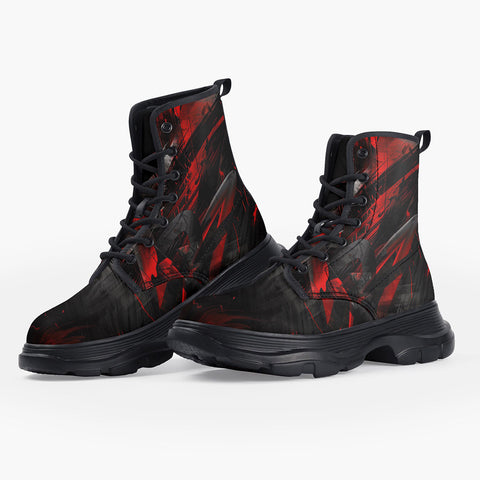 Casual Leather Chunky Boots Black and Red Abstraction