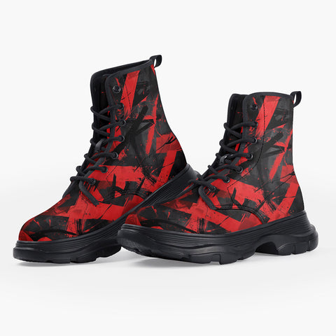 Casual Leather Chunky Boots Red and Black Broken Lines and Shapes