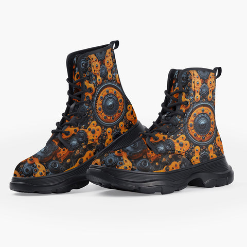Casual Leather Chunky Boots Gears Cogs and Wheels Art