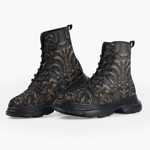 Casual Leather Chunky Boots Biomechanical Art Style