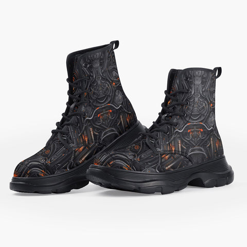 Casual Leather Chunky Boots Biomechanical Style Artwork