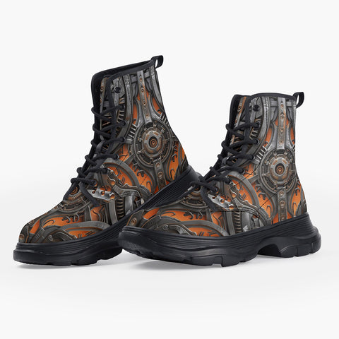 Casual Leather Chunky Boots Mechanical Steampunk Pattern