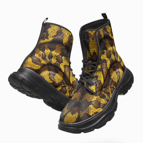 PU Leather Chunky Boots Python Scales Pattern Black and Yellow