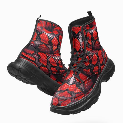PU Leather Chunky Boots Red Snake Scales Texture