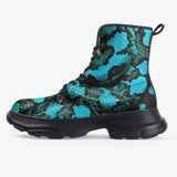 PU Leather Chunky Boots Black and Teal Snake Skin Pattern