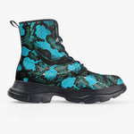 PU Leather Chunky Boots Black and Teal Snake Skin Pattern